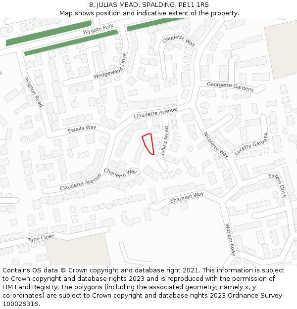 8, JULIAS MEAD, SPALDING, PE11 1RS: Location map and indicative extent of plot