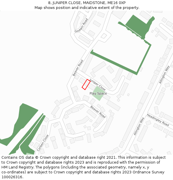 8, JUNIPER CLOSE, MAIDSTONE, ME16 0XP: Location map and indicative extent of plot