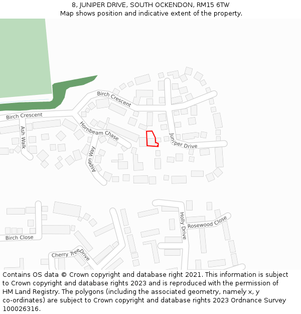 8, JUNIPER DRIVE, SOUTH OCKENDON, RM15 6TW: Location map and indicative extent of plot