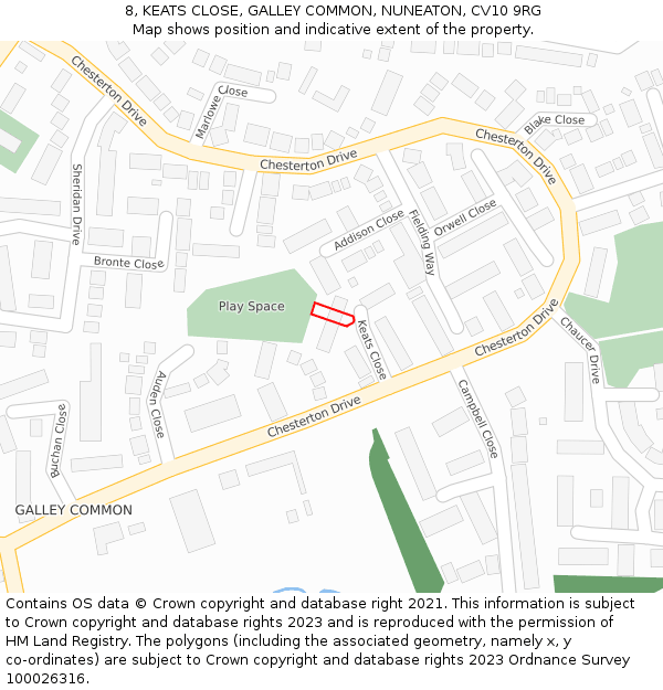 8, KEATS CLOSE, GALLEY COMMON, NUNEATON, CV10 9RG: Location map and indicative extent of plot