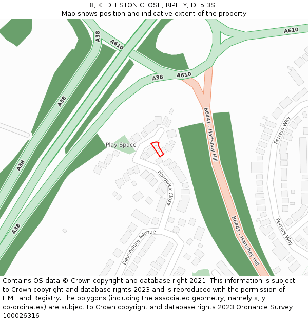 8, KEDLESTON CLOSE, RIPLEY, DE5 3ST: Location map and indicative extent of plot