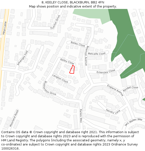 8, KEELEY CLOSE, BLACKBURN, BB2 4FN: Location map and indicative extent of plot