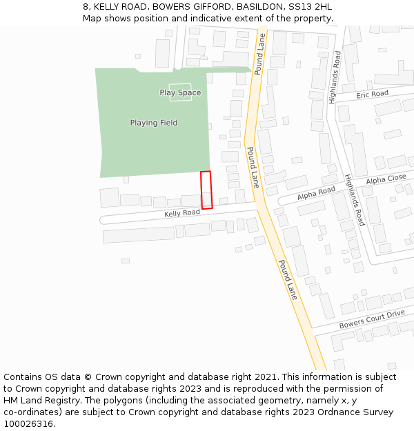 8, KELLY ROAD, BOWERS GIFFORD, BASILDON, SS13 2HL: Location map and indicative extent of plot