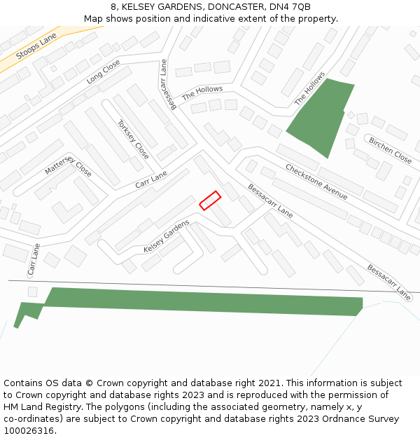 8, KELSEY GARDENS, DONCASTER, DN4 7QB: Location map and indicative extent of plot