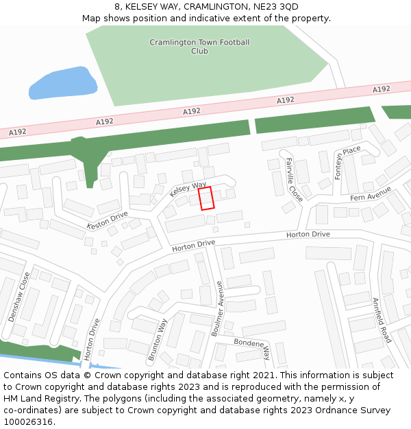 8, KELSEY WAY, CRAMLINGTON, NE23 3QD: Location map and indicative extent of plot