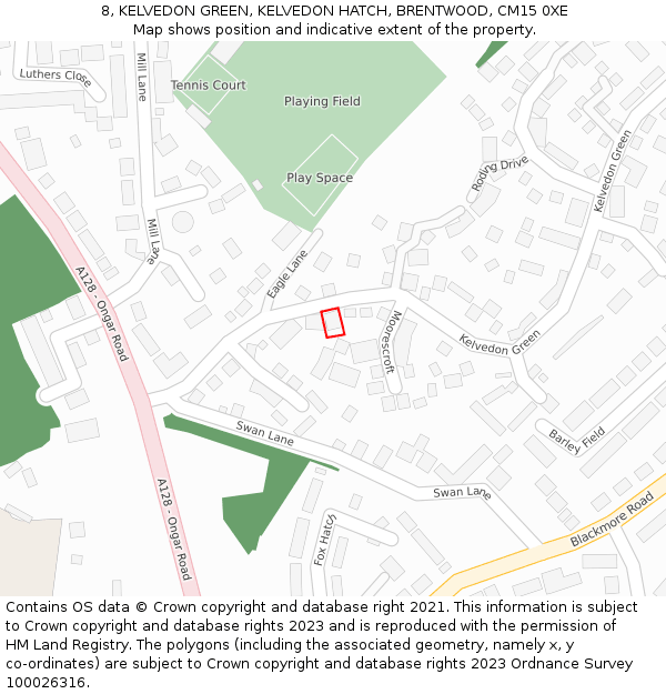 8, KELVEDON GREEN, KELVEDON HATCH, BRENTWOOD, CM15 0XE: Location map and indicative extent of plot