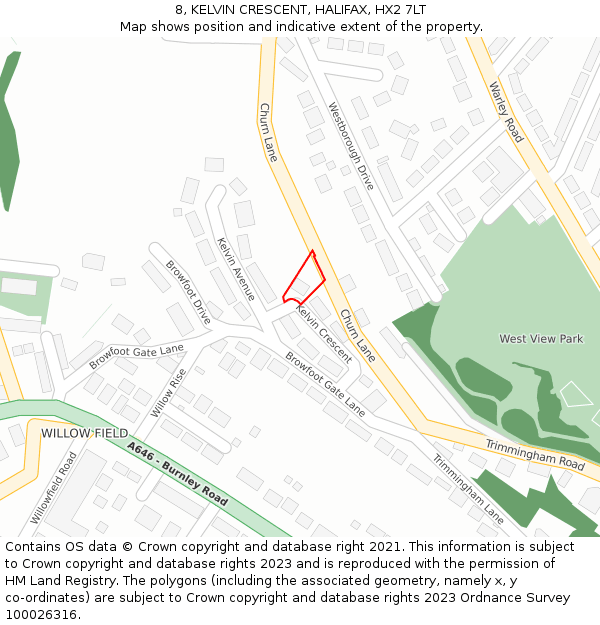 8, KELVIN CRESCENT, HALIFAX, HX2 7LT: Location map and indicative extent of plot