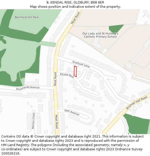 8, KENDAL RISE, OLDBURY, B68 8ER: Location map and indicative extent of plot