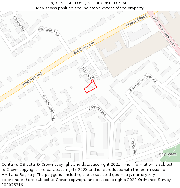 8, KENELM CLOSE, SHERBORNE, DT9 6BL: Location map and indicative extent of plot