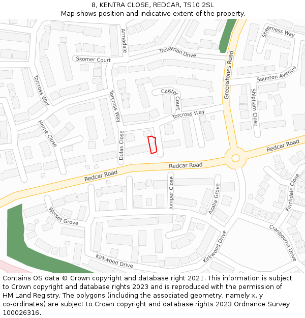 8, KENTRA CLOSE, REDCAR, TS10 2SL: Location map and indicative extent of plot