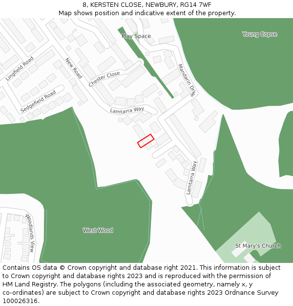 8, KERSTEN CLOSE, NEWBURY, RG14 7WF: Location map and indicative extent of plot