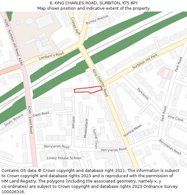 8, KING CHARLES ROAD, SURBITON, KT5 8PY: Location map and indicative extent of plot