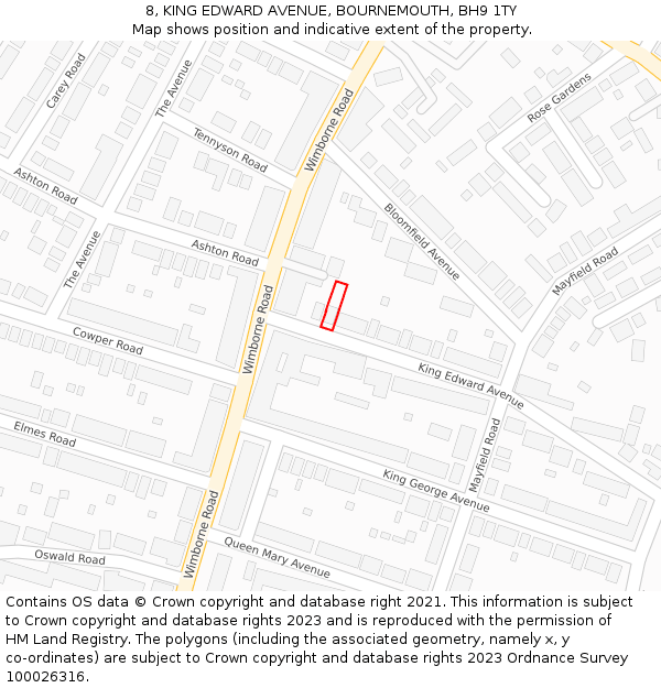 8, KING EDWARD AVENUE, BOURNEMOUTH, BH9 1TY: Location map and indicative extent of plot