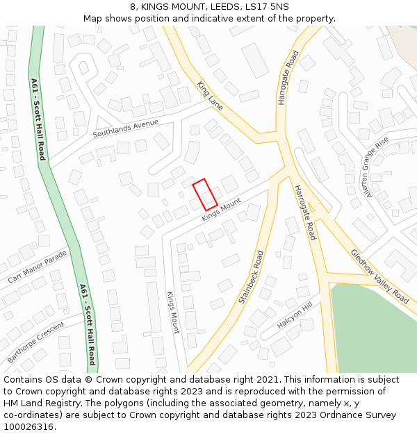 8, KINGS MOUNT, LEEDS, LS17 5NS: Location map and indicative extent of plot