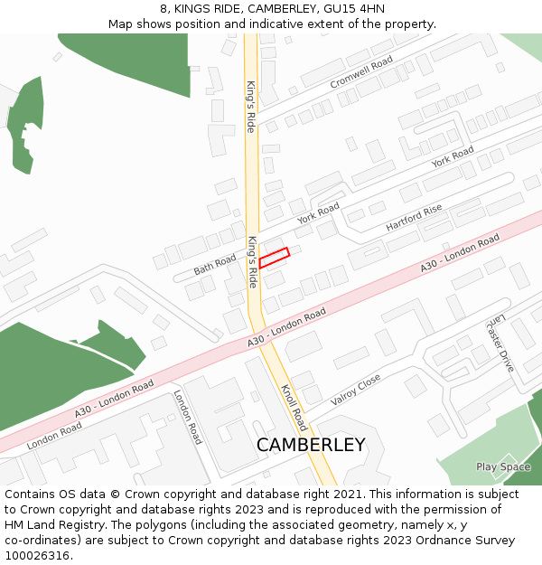 8, KINGS RIDE, CAMBERLEY, GU15 4HN: Location map and indicative extent of plot