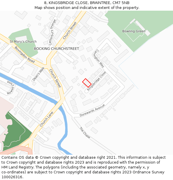 8, KINGSBRIDGE CLOSE, BRAINTREE, CM7 5NB: Location map and indicative extent of plot