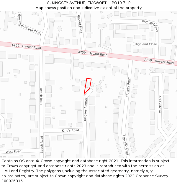 8, KINGSEY AVENUE, EMSWORTH, PO10 7HP: Location map and indicative extent of plot