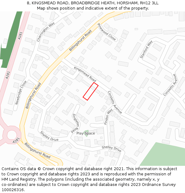 8, KINGSMEAD ROAD, BROADBRIDGE HEATH, HORSHAM, RH12 3LL: Location map and indicative extent of plot