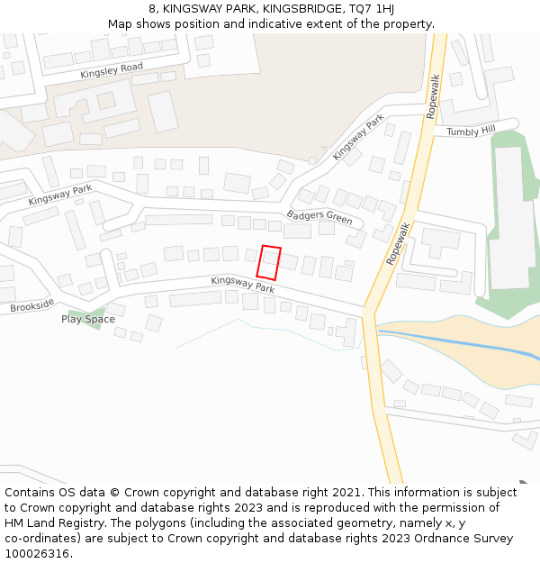 8, KINGSWAY PARK, KINGSBRIDGE, TQ7 1HJ: Location map and indicative extent of plot
