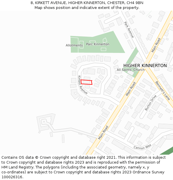 8, KIRKETT AVENUE, HIGHER KINNERTON, CHESTER, CH4 9BN: Location map and indicative extent of plot