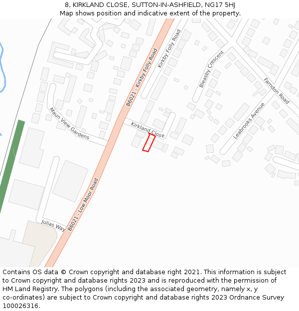 8, KIRKLAND CLOSE, SUTTON-IN-ASHFIELD, NG17 5HJ: Location map and indicative extent of plot