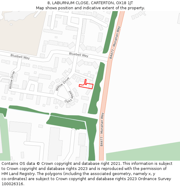 8, LABURNUM CLOSE, CARTERTON, OX18 1JT: Location map and indicative extent of plot