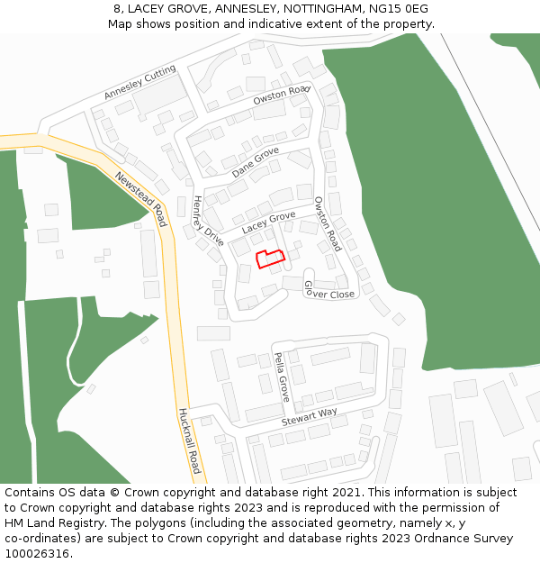 8, LACEY GROVE, ANNESLEY, NOTTINGHAM, NG15 0EG: Location map and indicative extent of plot