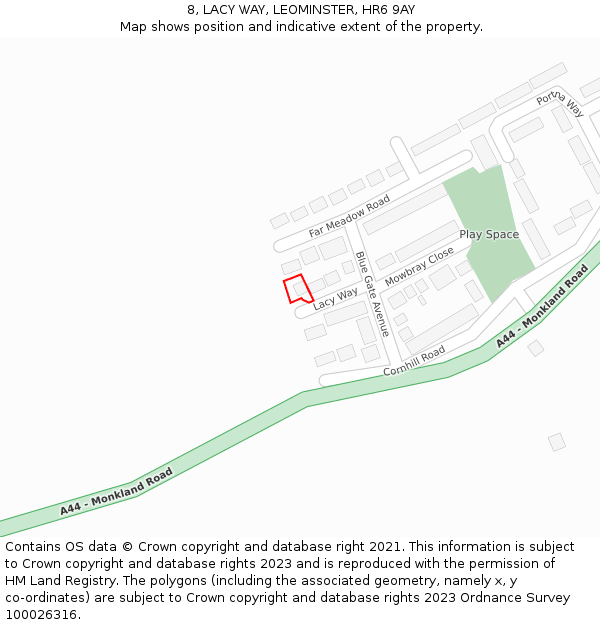 8, LACY WAY, LEOMINSTER, HR6 9AY: Location map and indicative extent of plot