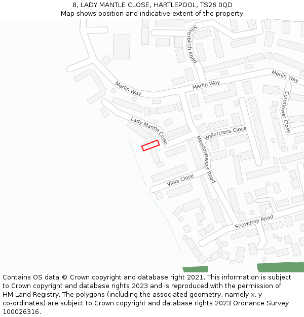 8, LADY MANTLE CLOSE, HARTLEPOOL, TS26 0QD: Location map and indicative extent of plot