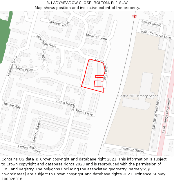 8, LADYMEADOW CLOSE, BOLTON, BL1 8UW: Location map and indicative extent of plot