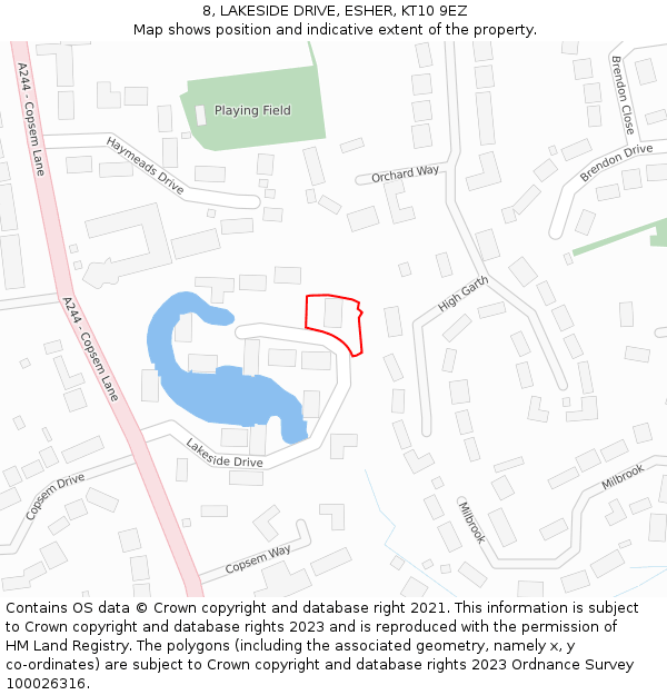 8, LAKESIDE DRIVE, ESHER, KT10 9EZ: Location map and indicative extent of plot