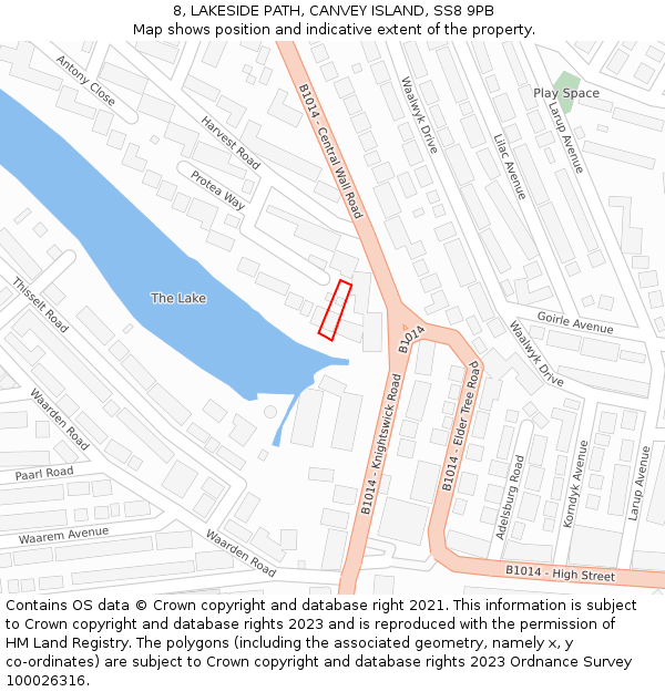 8, LAKESIDE PATH, CANVEY ISLAND, SS8 9PB: Location map and indicative extent of plot