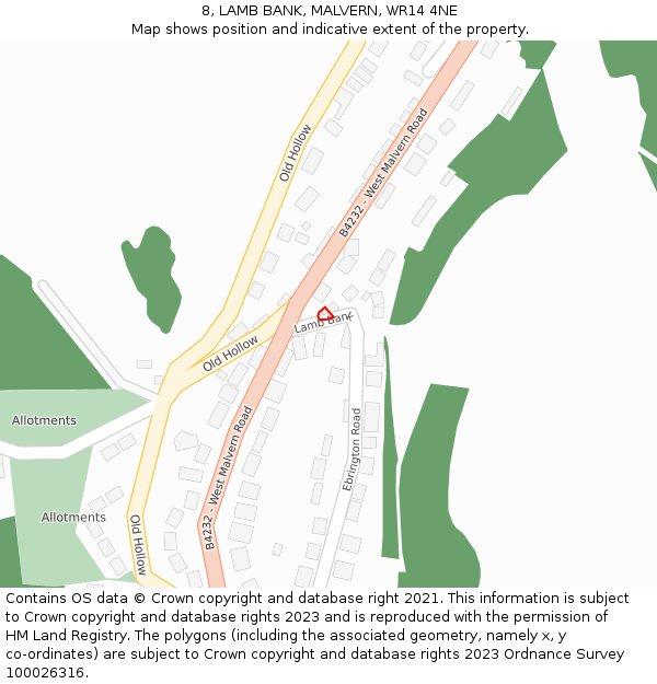 8, LAMB BANK, MALVERN, WR14 4NE: Location map and indicative extent of plot