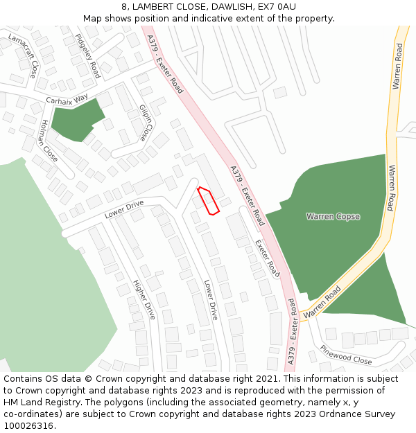 8, LAMBERT CLOSE, DAWLISH, EX7 0AU: Location map and indicative extent of plot