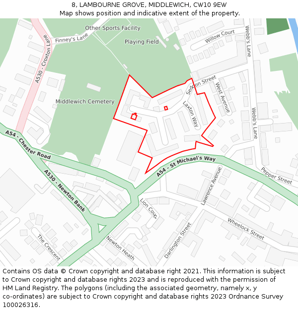 8, LAMBOURNE GROVE, MIDDLEWICH, CW10 9EW: Location map and indicative extent of plot