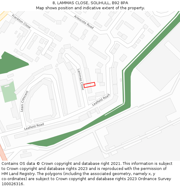 8, LAMMAS CLOSE, SOLIHULL, B92 8PA: Location map and indicative extent of plot