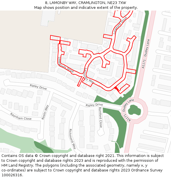 8, LAMONBY WAY, CRAMLINGTON, NE23 7XW: Location map and indicative extent of plot