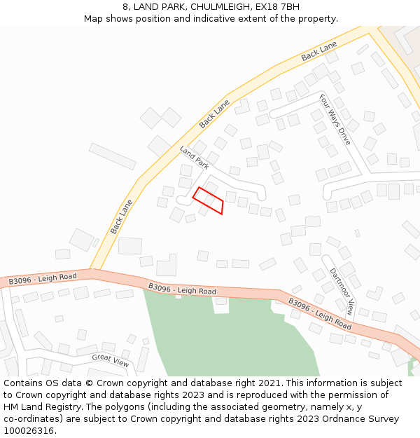 8, LAND PARK, CHULMLEIGH, EX18 7BH: Location map and indicative extent of plot