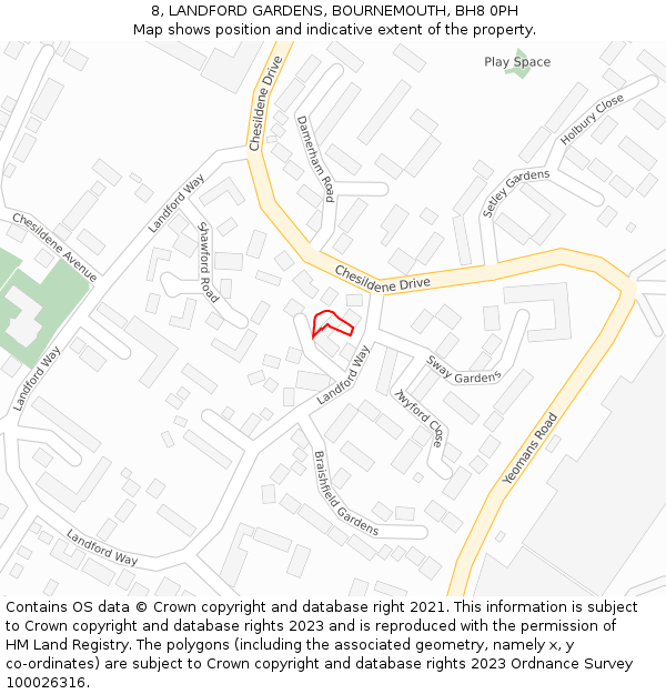 8, LANDFORD GARDENS, BOURNEMOUTH, BH8 0PH: Location map and indicative extent of plot