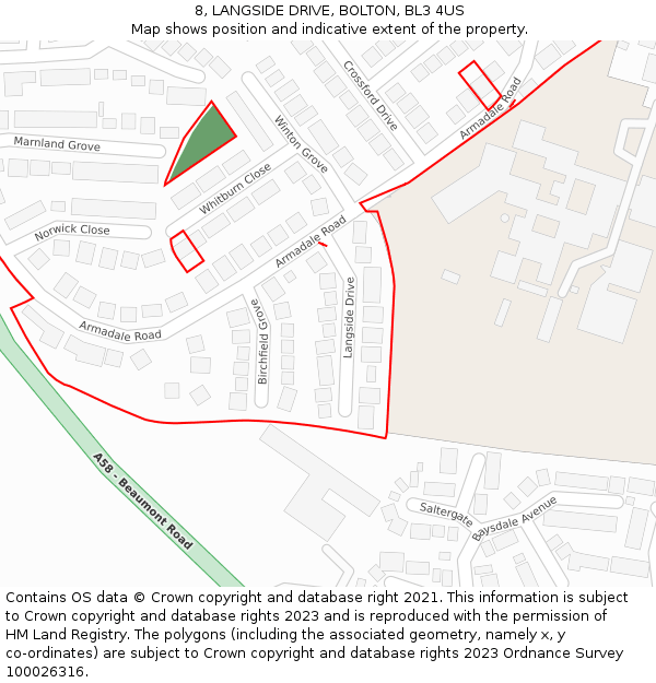 8, LANGSIDE DRIVE, BOLTON, BL3 4US: Location map and indicative extent of plot