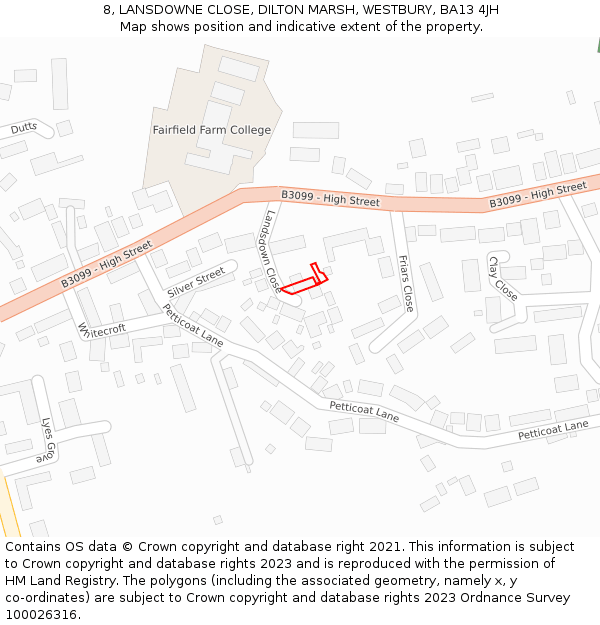 8, LANSDOWNE CLOSE, DILTON MARSH, WESTBURY, BA13 4JH: Location map and indicative extent of plot