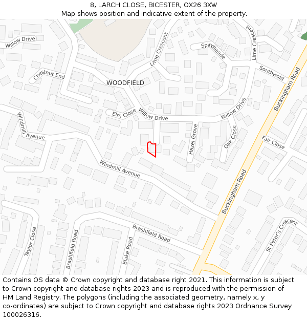 8, LARCH CLOSE, BICESTER, OX26 3XW: Location map and indicative extent of plot