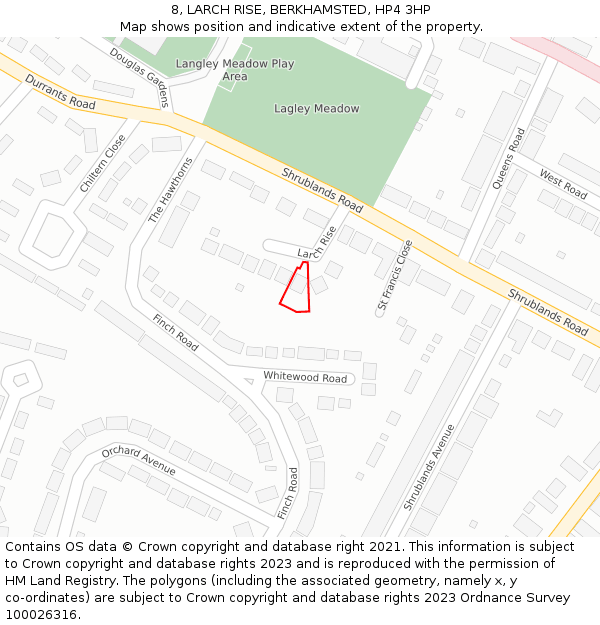 8, LARCH RISE, BERKHAMSTED, HP4 3HP: Location map and indicative extent of plot