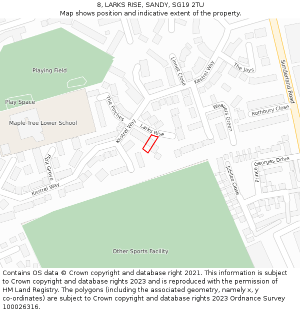 8, LARKS RISE, SANDY, SG19 2TU: Location map and indicative extent of plot