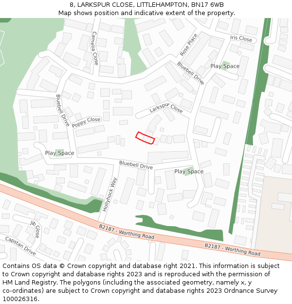 8, LARKSPUR CLOSE, LITTLEHAMPTON, BN17 6WB: Location map and indicative extent of plot