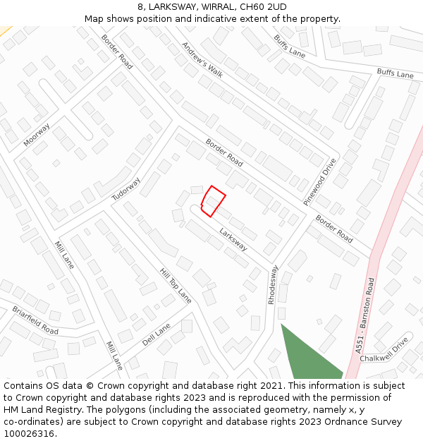 8, LARKSWAY, WIRRAL, CH60 2UD: Location map and indicative extent of plot