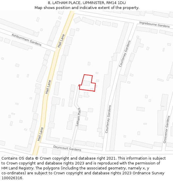 8, LATHAM PLACE, UPMINSTER, RM14 1DU: Location map and indicative extent of plot