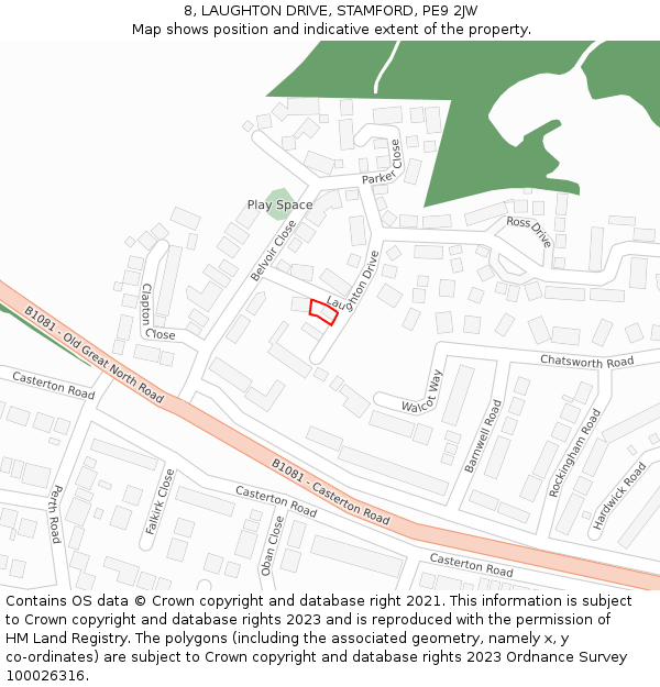 8, LAUGHTON DRIVE, STAMFORD, PE9 2JW: Location map and indicative extent of plot