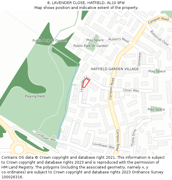 8, LAVENDER CLOSE, HATFIELD, AL10 9FW: Location map and indicative extent of plot