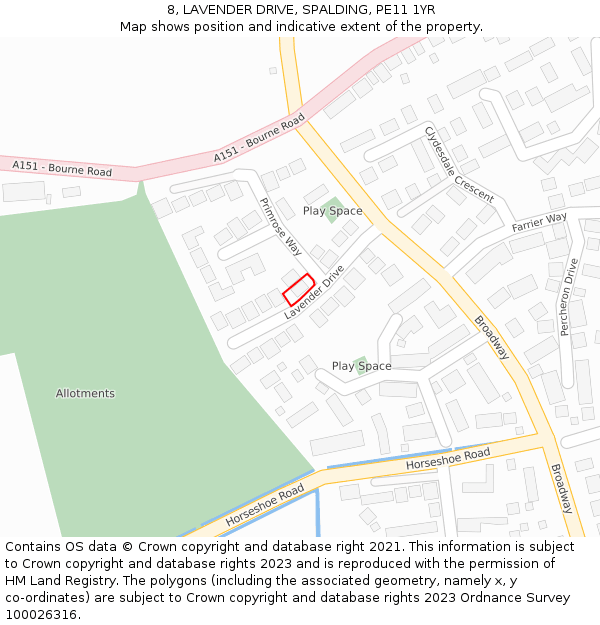 8, LAVENDER DRIVE, SPALDING, PE11 1YR: Location map and indicative extent of plot